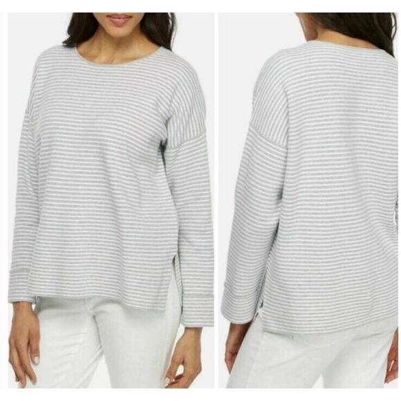 Eileen Fisher Women’s Gray Sz PS Striped‎ 70% Organic Cotton/Silk Blend Sweater - Picture 1 of 8